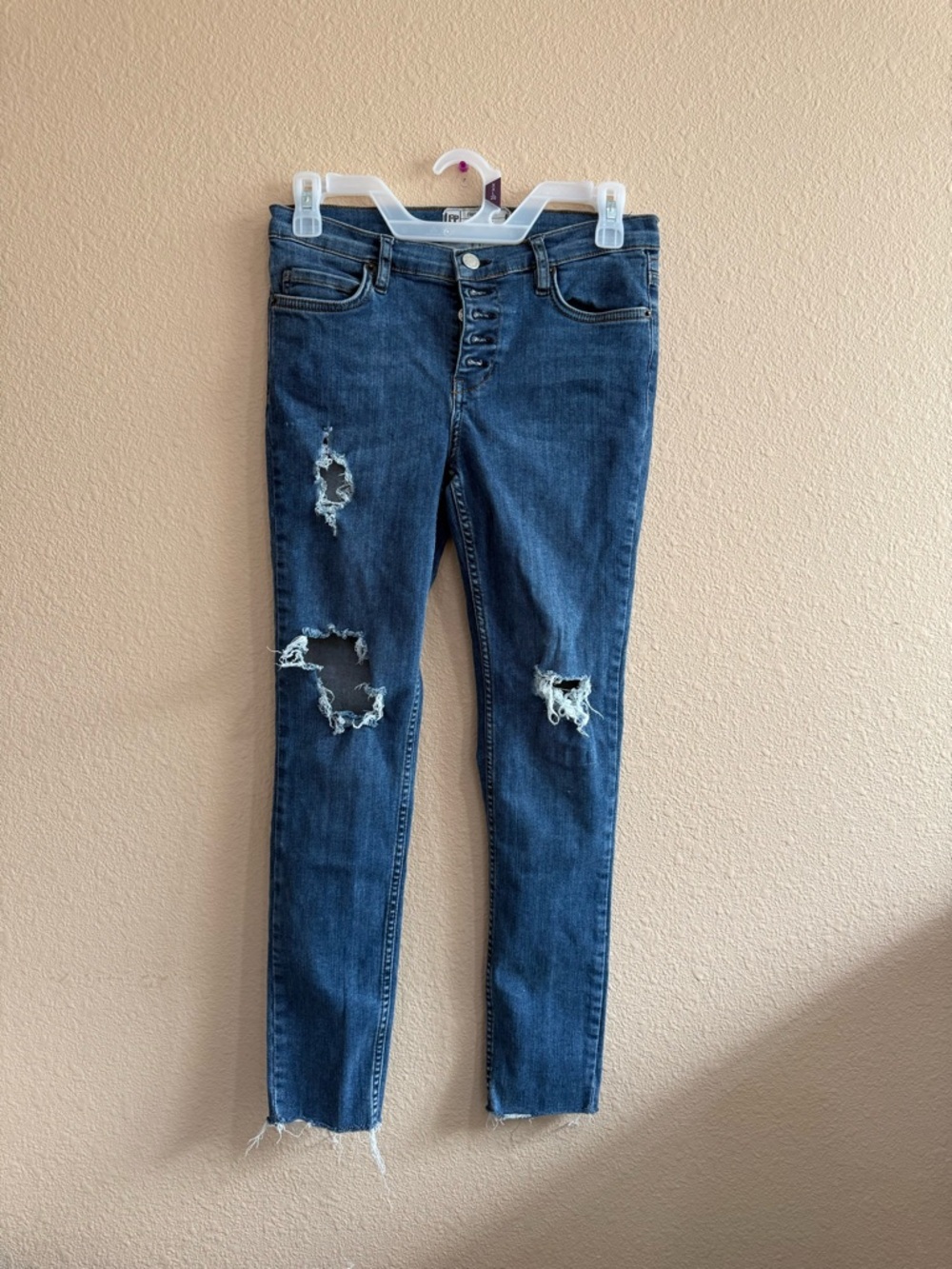 Free People Dark Blue Distressed Skinny Jeans with Button Fly